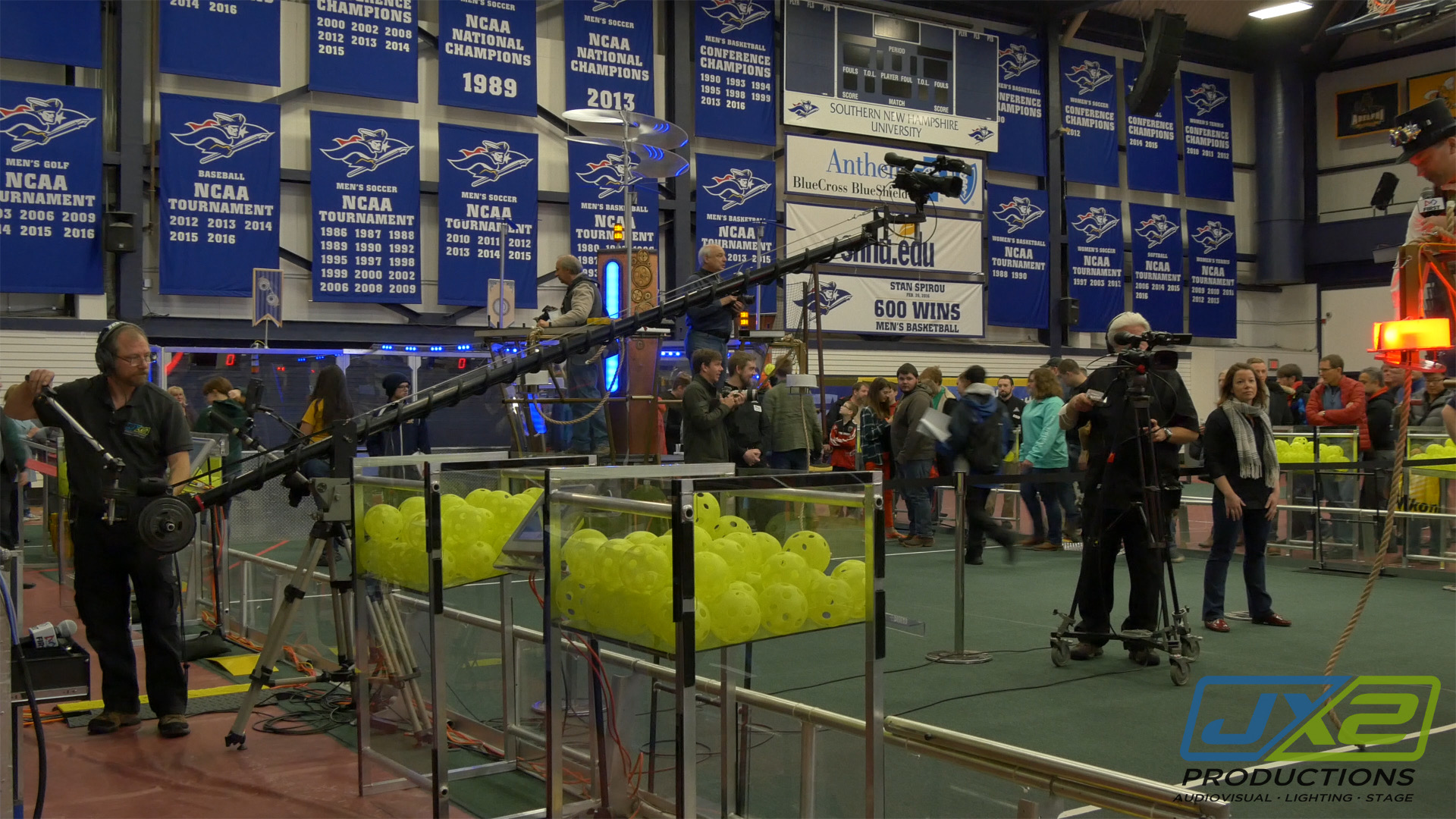 Camera operator and production activity during the 2017 FIRST Robotics Competition International Kickoff.