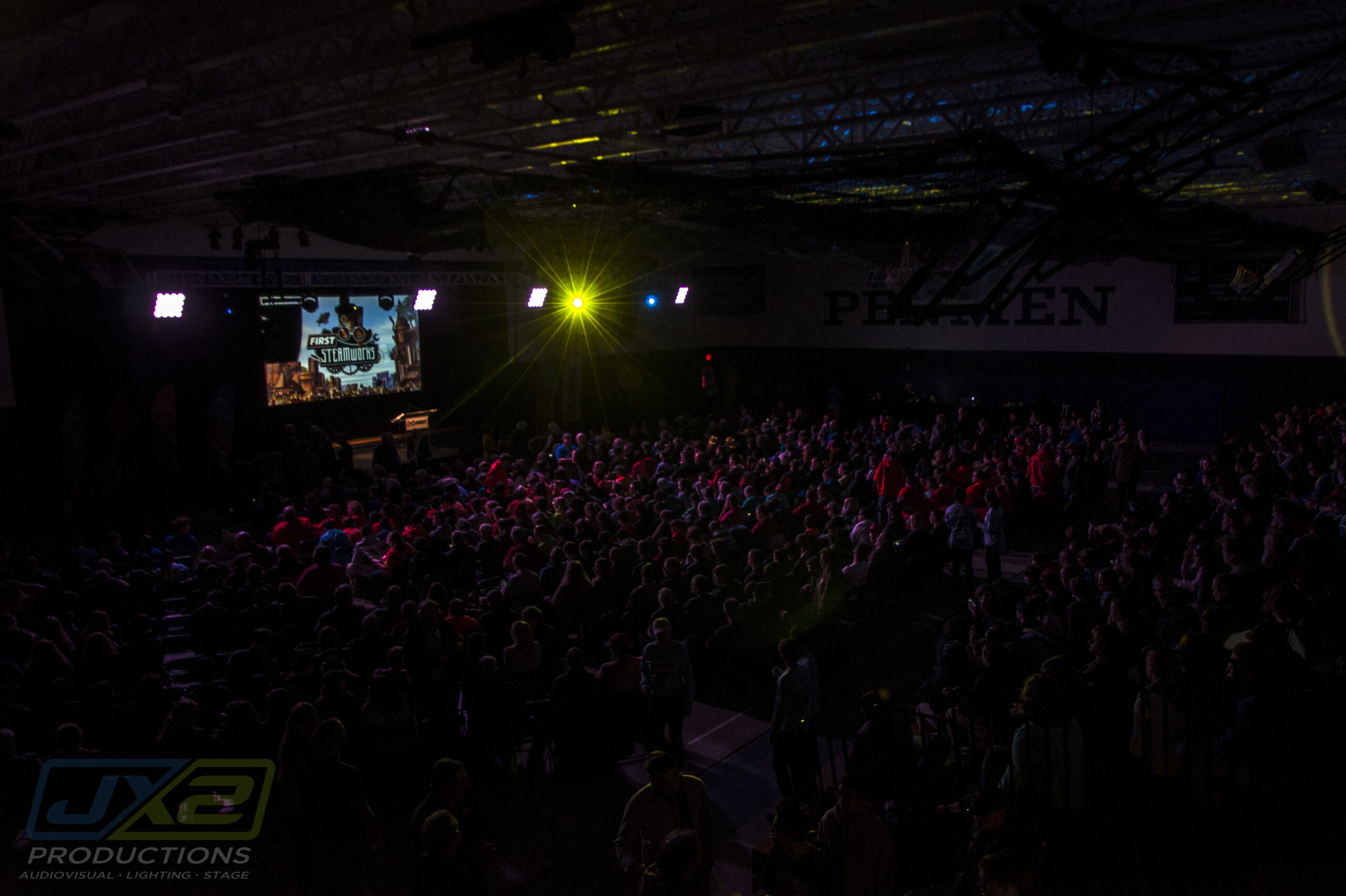 Audience-filled venue during the 2017 FIRST Robotics Competition International Kickoff.