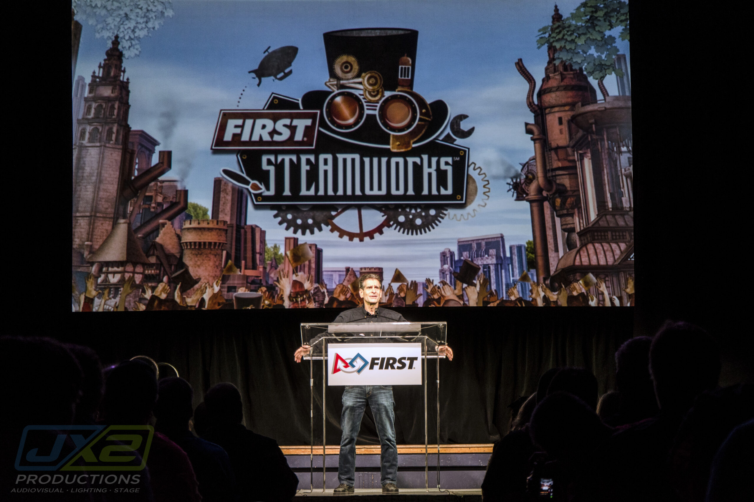 FIRST founder Dean Kamen speaking on stage during the 2017 FIRST Robotics Competition International Kickoff.