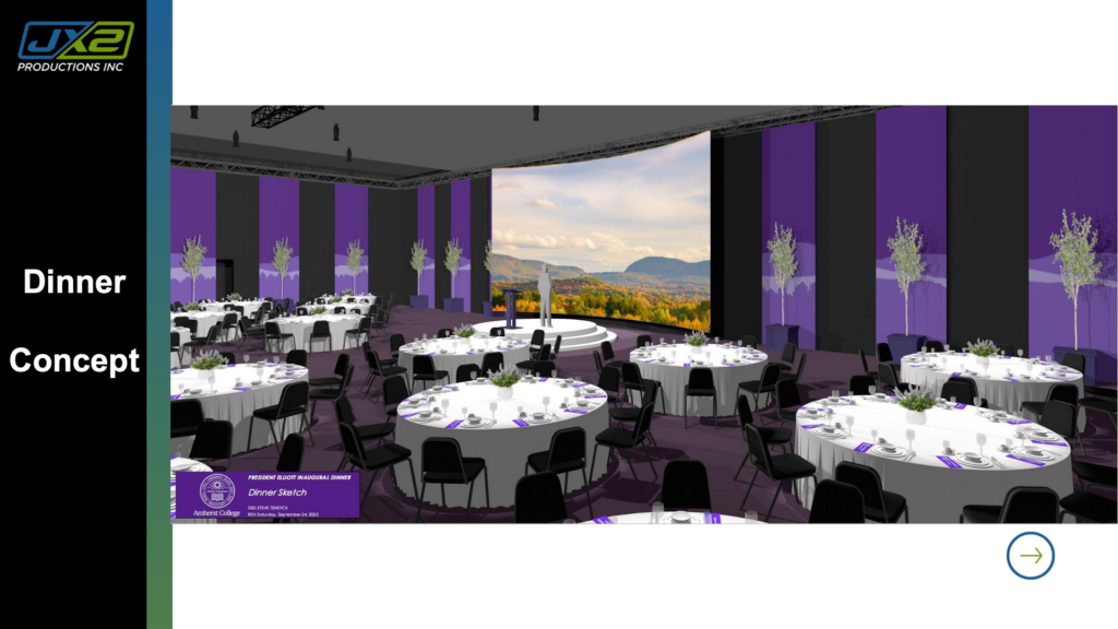 Dinner concept with curved LED wall and round stage for the Amherst College Presidential Inauguration.
