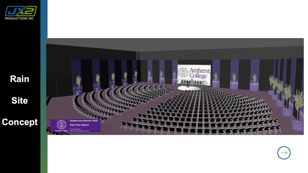 Indoor rain-site concept with custom stage and LED environment for Amherst College.