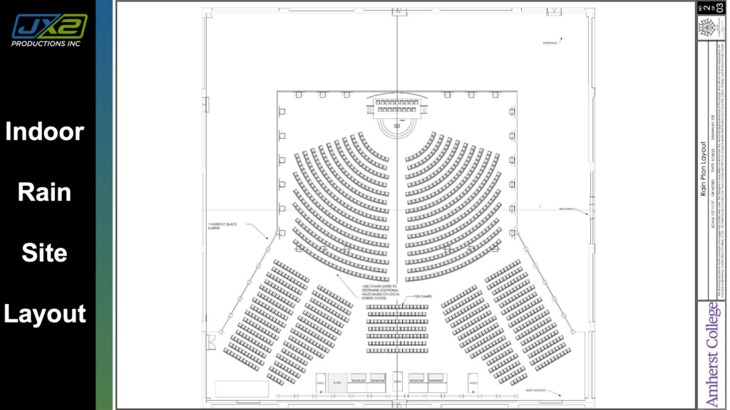 Indoor rain-site seating layout for the Amherst College Presidential Inauguration.