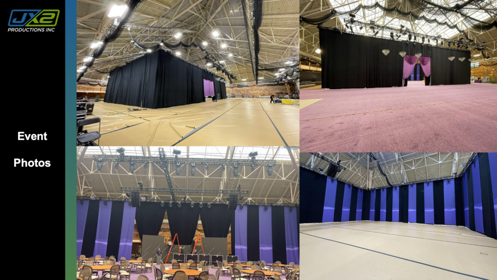 Stage, drape, and room transformation during Amherst College inauguration setup.