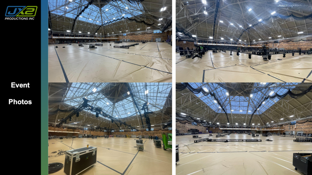 Build photos inside the glass-roof gym during Amherst College inauguration production.