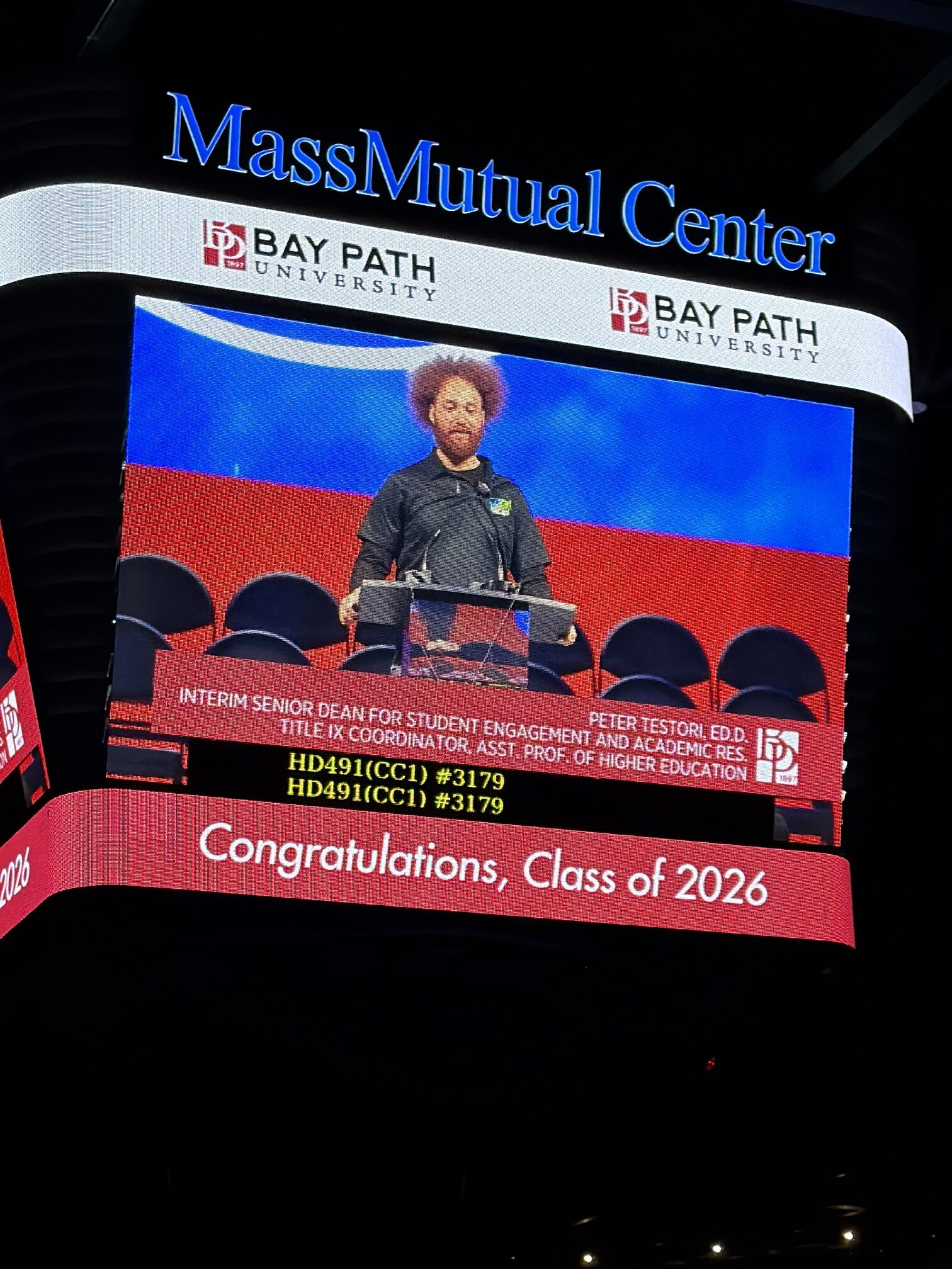 MassMutual Center video scoreboard showing Bay Path University commencement IMAG