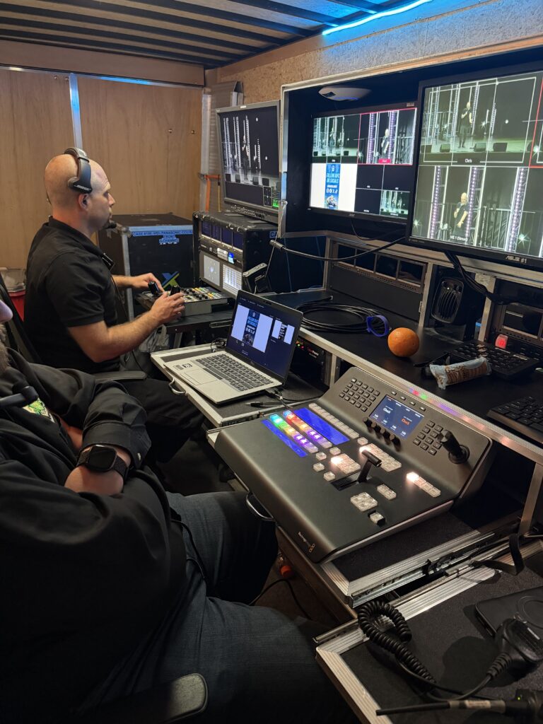 Video switching and camera shading position for Bill Burr at Centreville Bank Stadium.