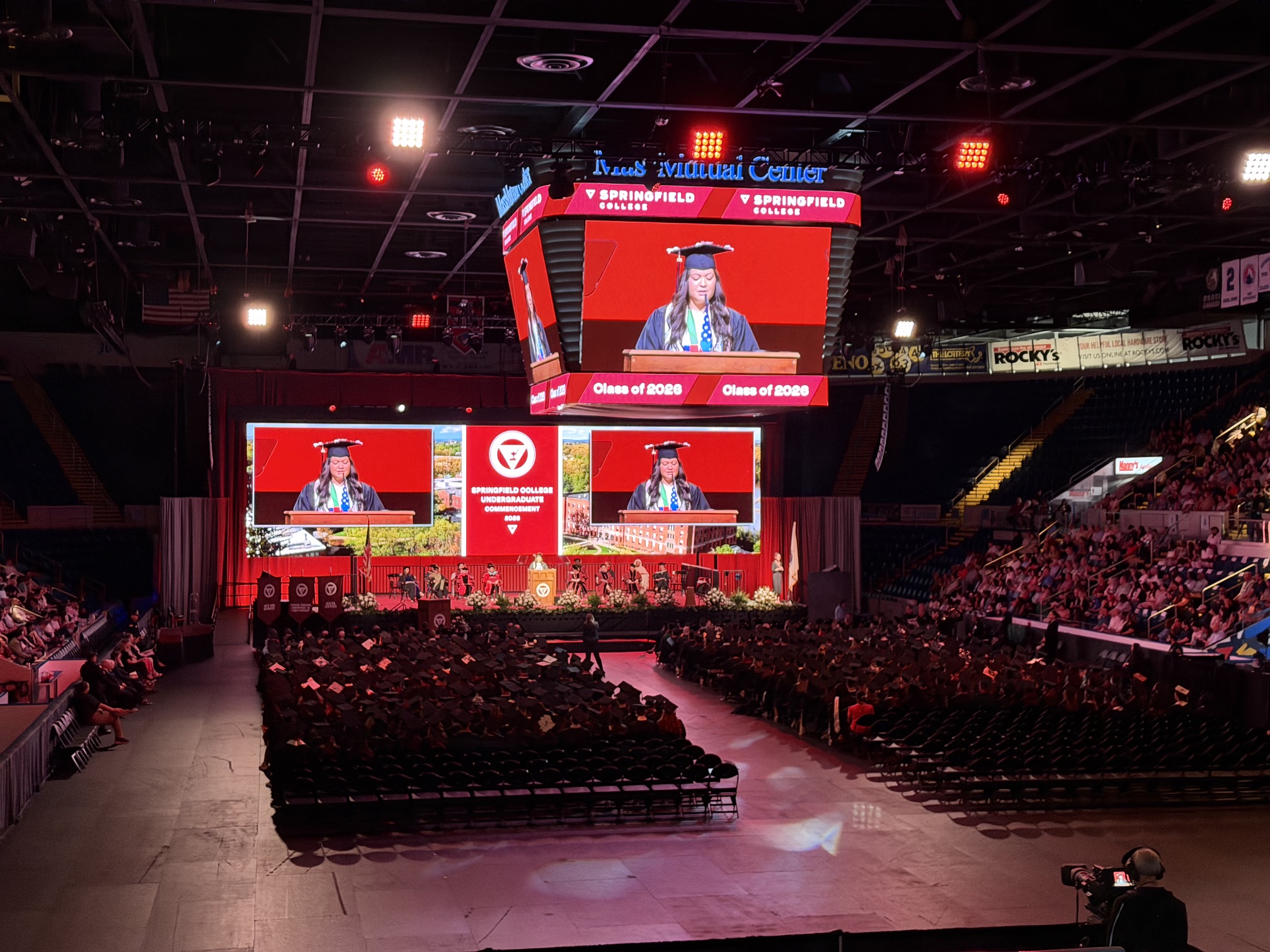 Commencement audience viewing live IMAG on a large LED video wall
