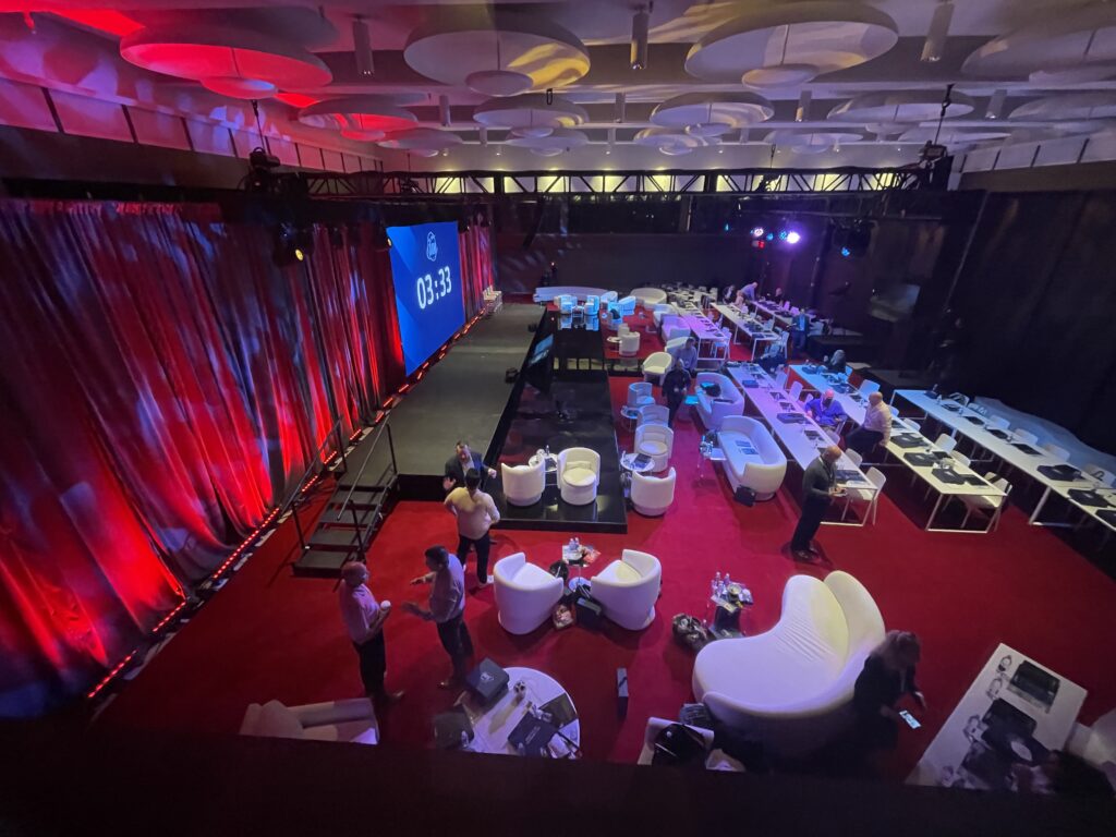 TWA Hotel production room during setup for the confidential global biotech annual meeting.