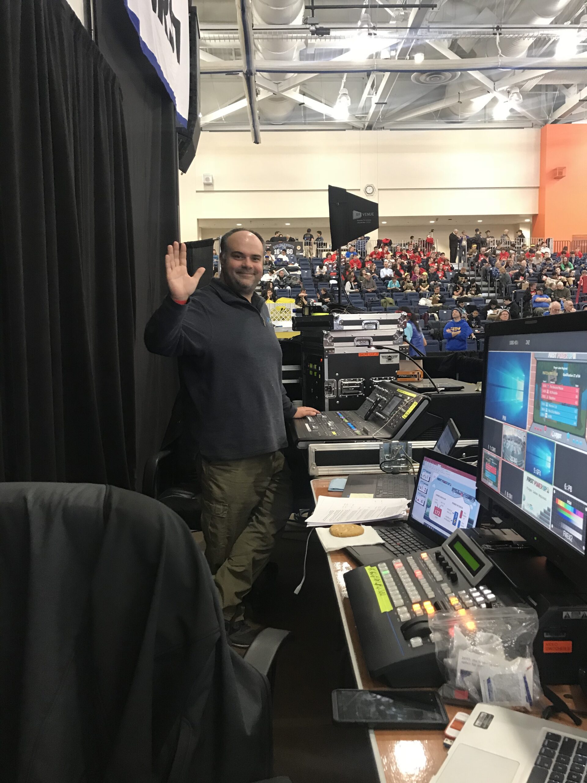 Arena and team-pit activity during the 2018 FIRST Robotics Competition Finger Lakes Regional at Rochester Institute of Technology.