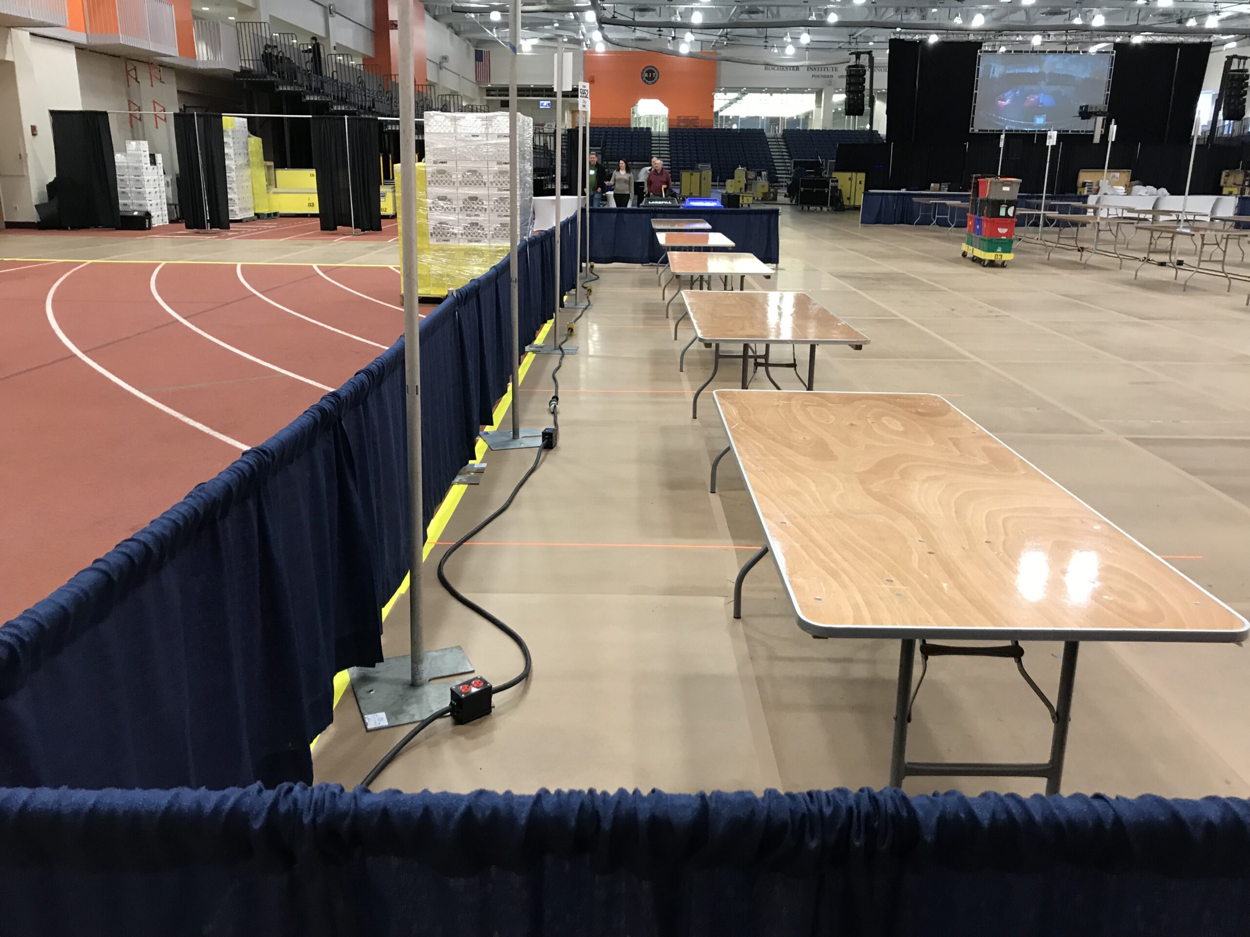 Team pit infrastructure, drape and distributed power at the 2018 FIRST Robotics Competition Finger Lakes Regional at RIT.