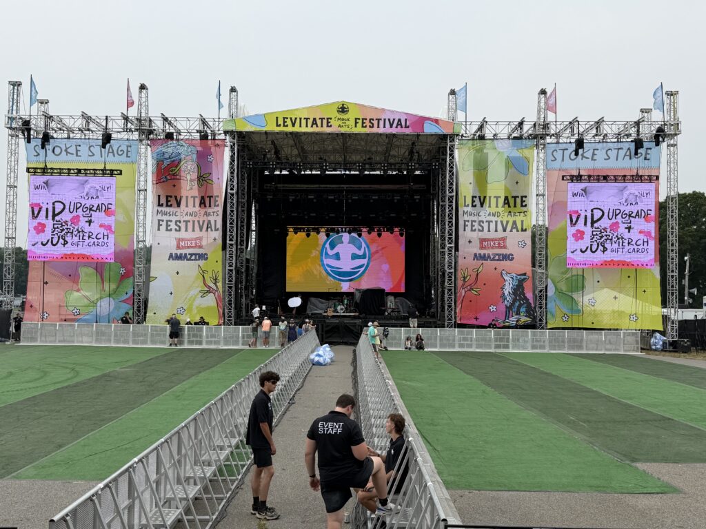 Levitate Music Festival July 2026 stage with two 5 meter by 5 meter IMAG LED walls and a 9 meter by 5 meter upstage LED wall.