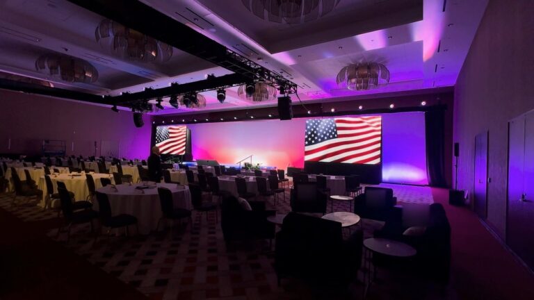Wide view of the completed Mohegan Sun senior leadership event production environment with LED walls and lighting.