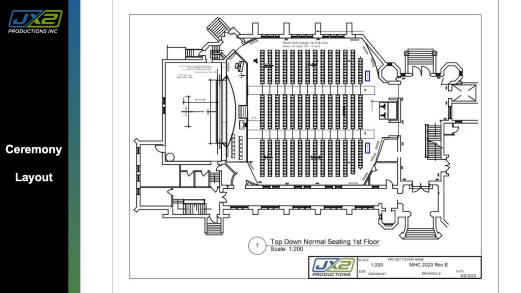 Ceremony seating and stage layout for the Mount Holyoke College Presidential Inauguration.
