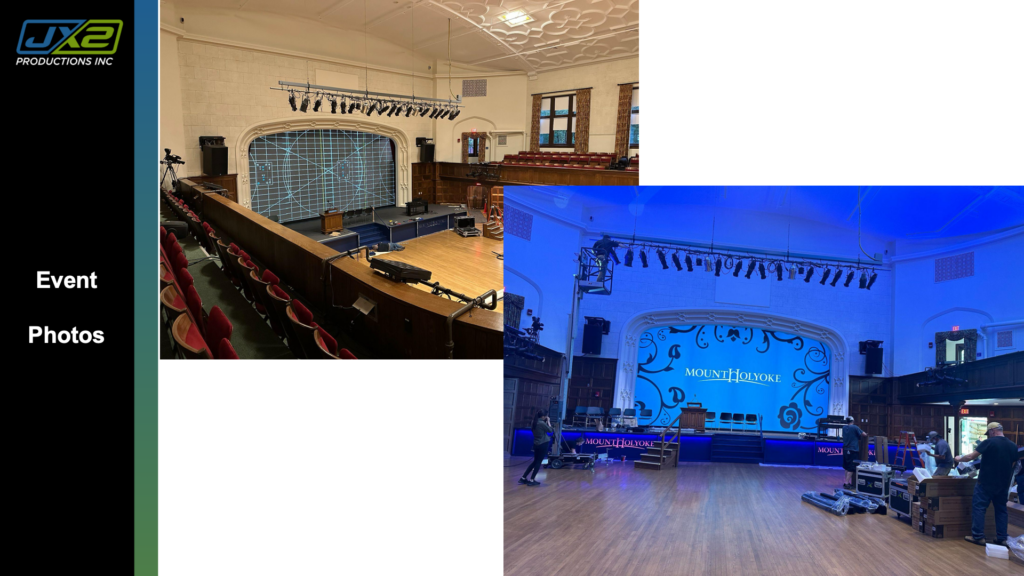 Custom screen and stage installation inside historic Chapin Auditorium.