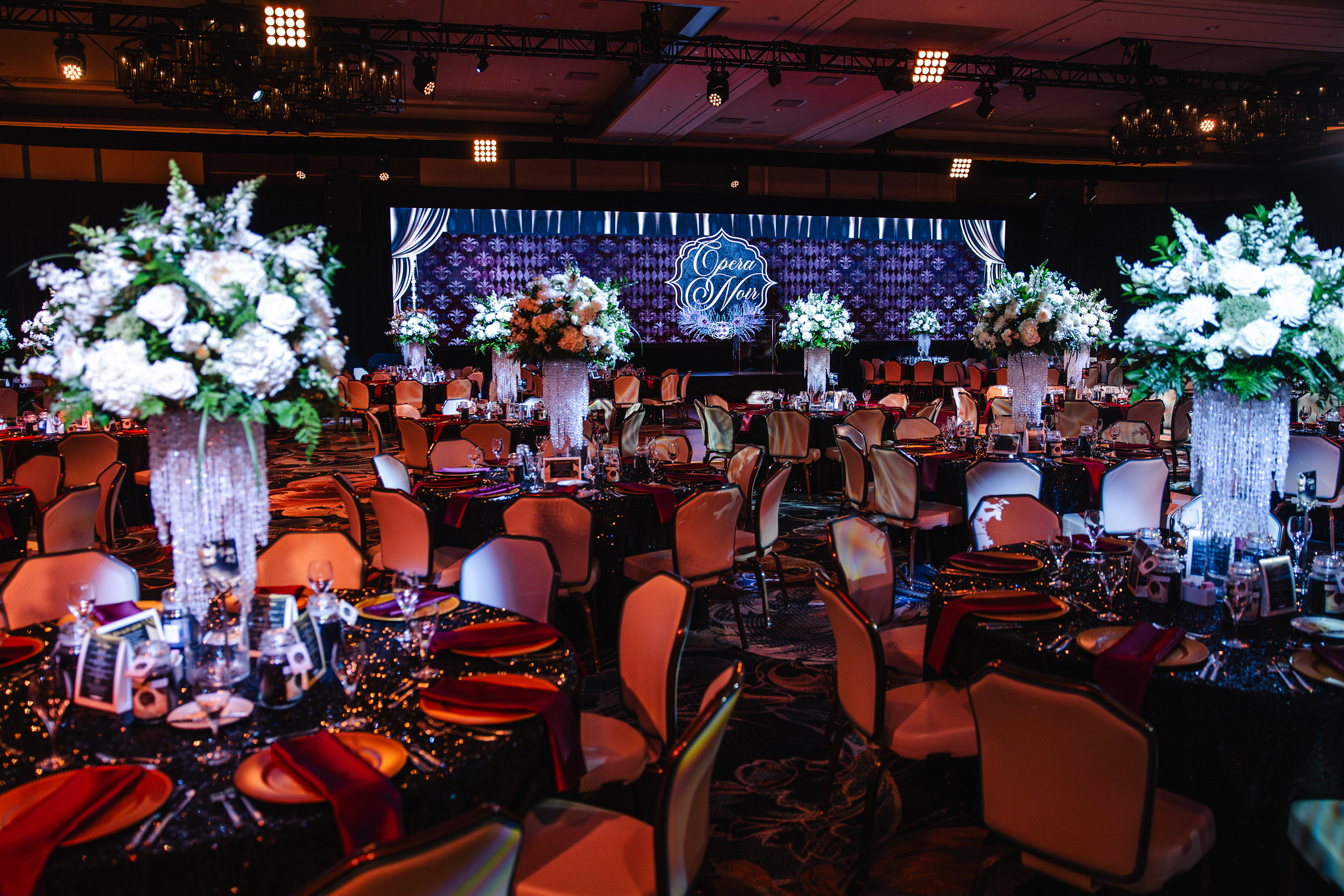 Spirit of Springfield City of Bright Nights Ball 2025 event environment with Opera Noir content on the LED screen.