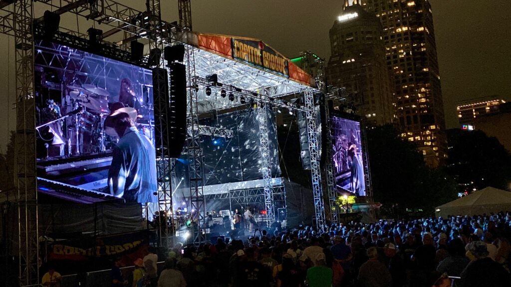 The Capitol Groove Festival stage and LED screens at Bushnell Park in Hartford.